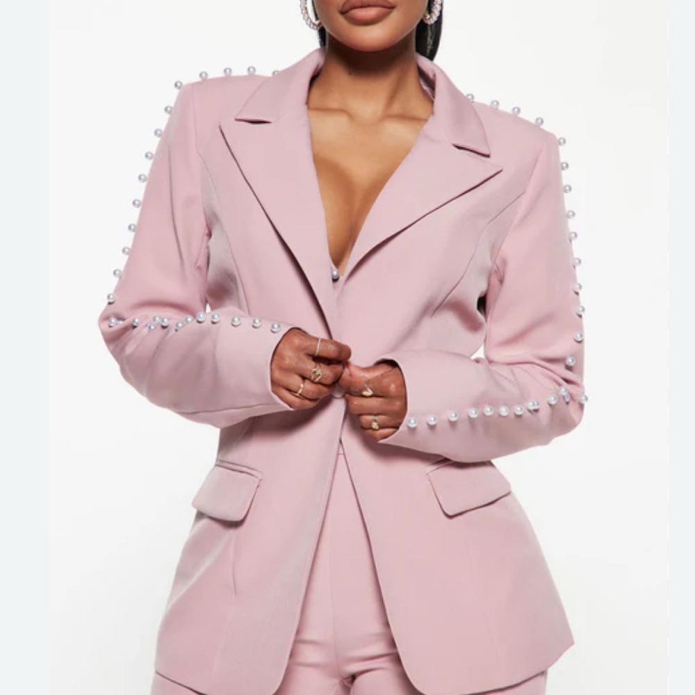 Elegant Pink Pearl-Embellished Women's Blazer